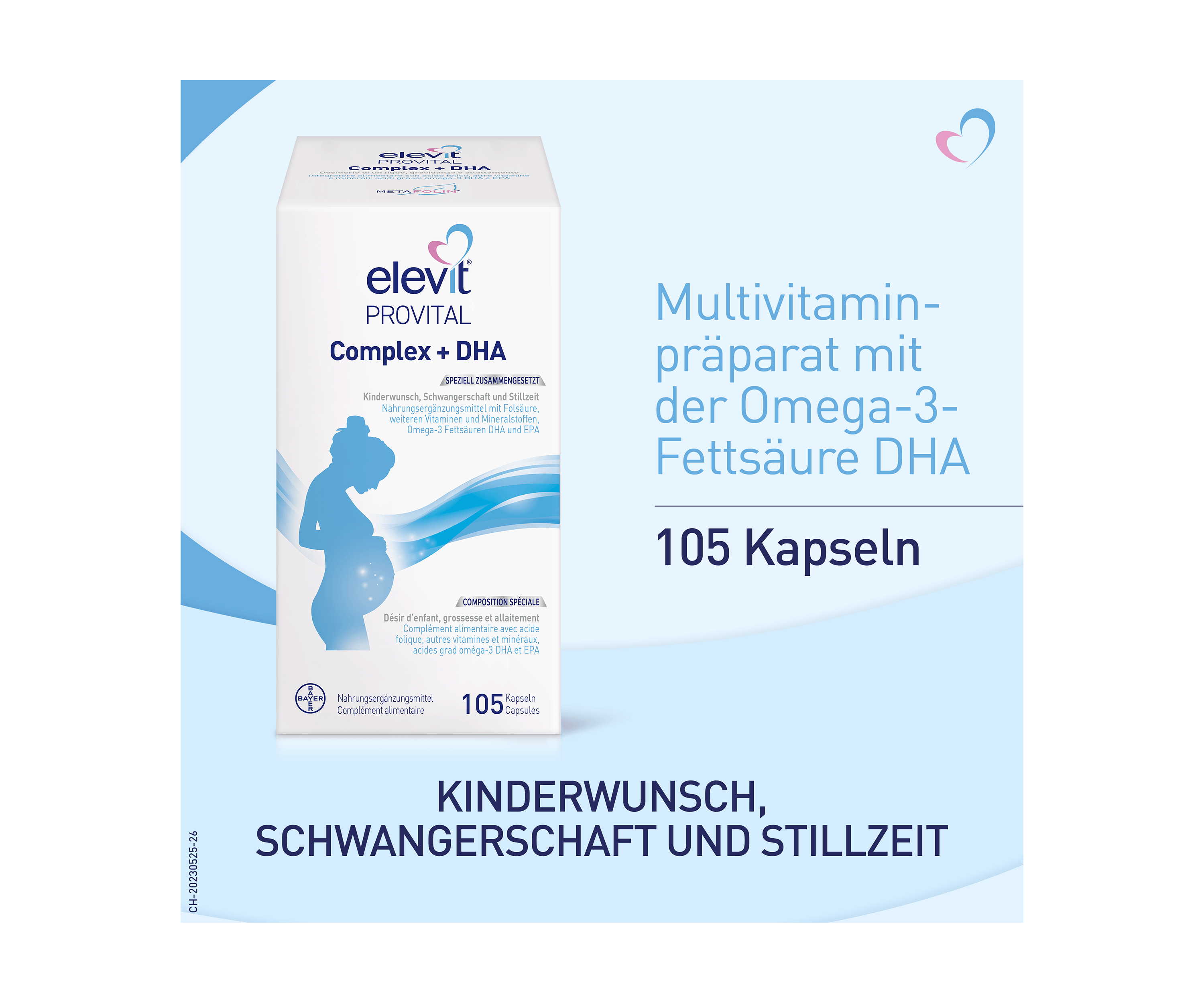 Packshot elevit complex + DHA. Multivitaminpräparat mit der Omega-3-Fettsäure DHA. Titel: Kinderwunsch, Schwangerschaft und Stillzeit.