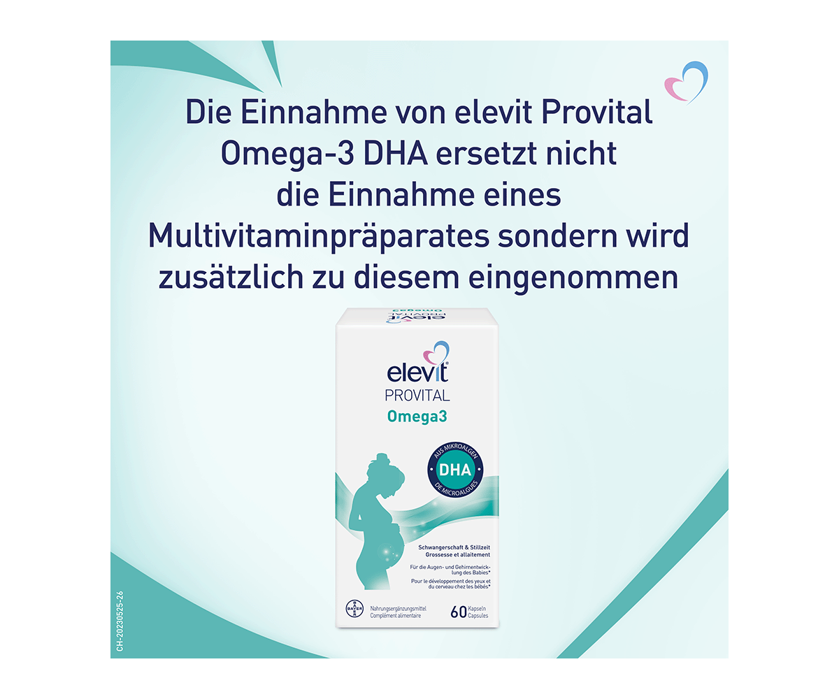 Elevit Provital Packshot. Titel: Die Einnahme von elevit Provital Omega-3 DHA ersetzt nicht die Einnahme eines Multivitaminpräparates sondern wird zusätzlich zu diesem eingenommen.